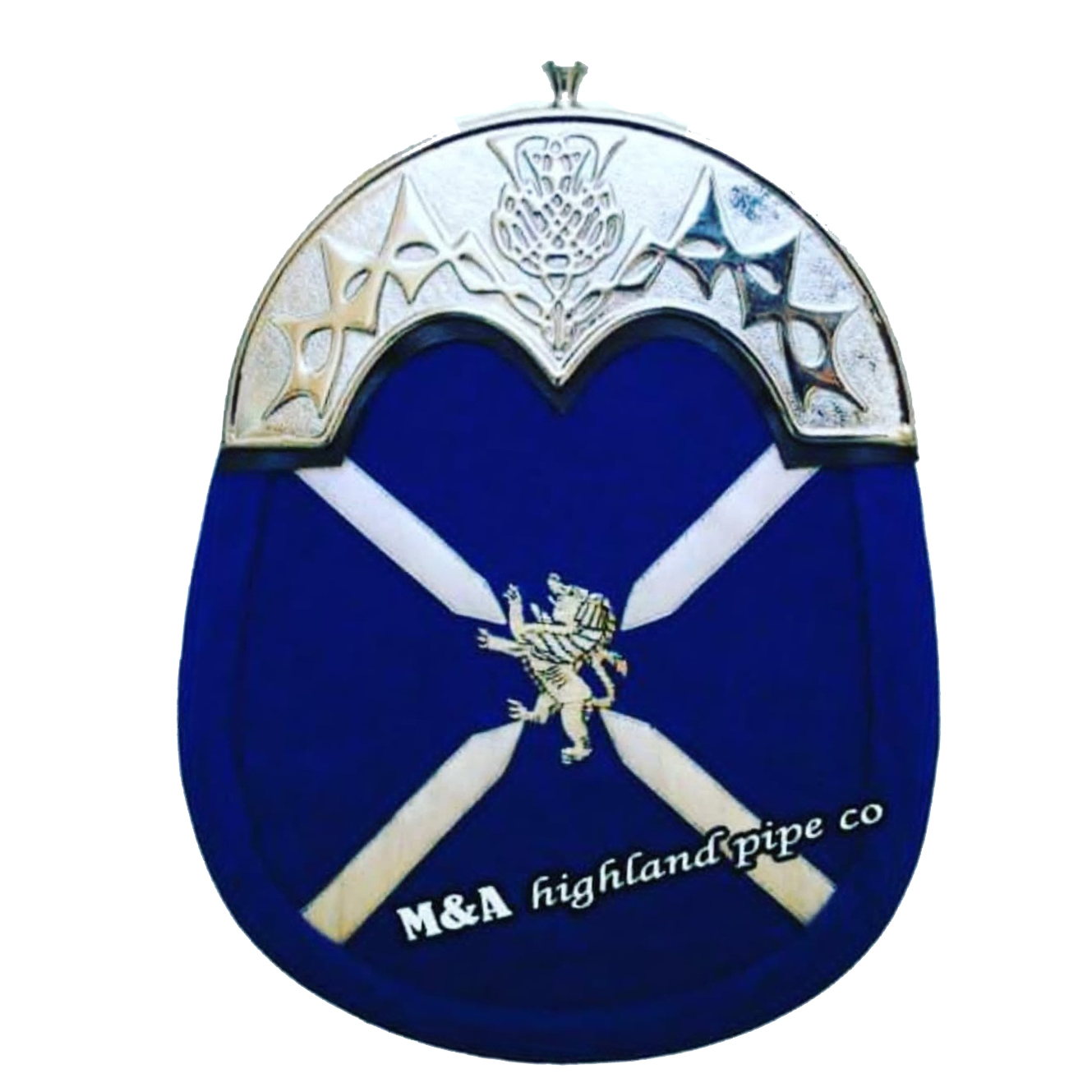 St. Andrew White Cow Fur Saltire Flag Leather Sporran - Full Dress Traditional Sporran With Celtic Cantle & Chain Strap